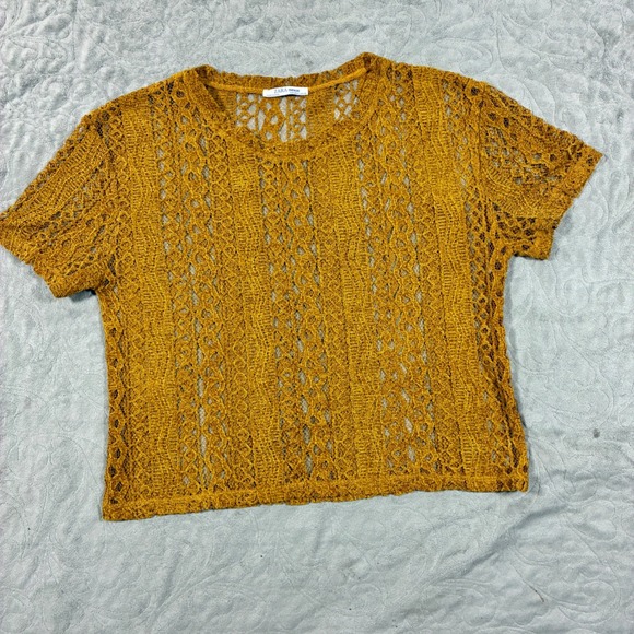 Zara Tops - Zara Mesh Crochet Lace Short‎ Sleeve Top Size M Gold Festival Layering Glam